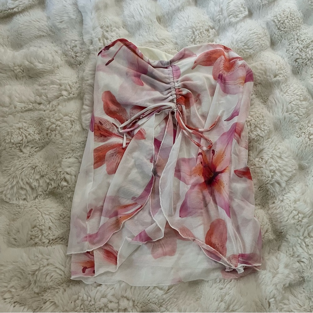 Streetwear Society Pink and Orange Floral Strapless Blouse